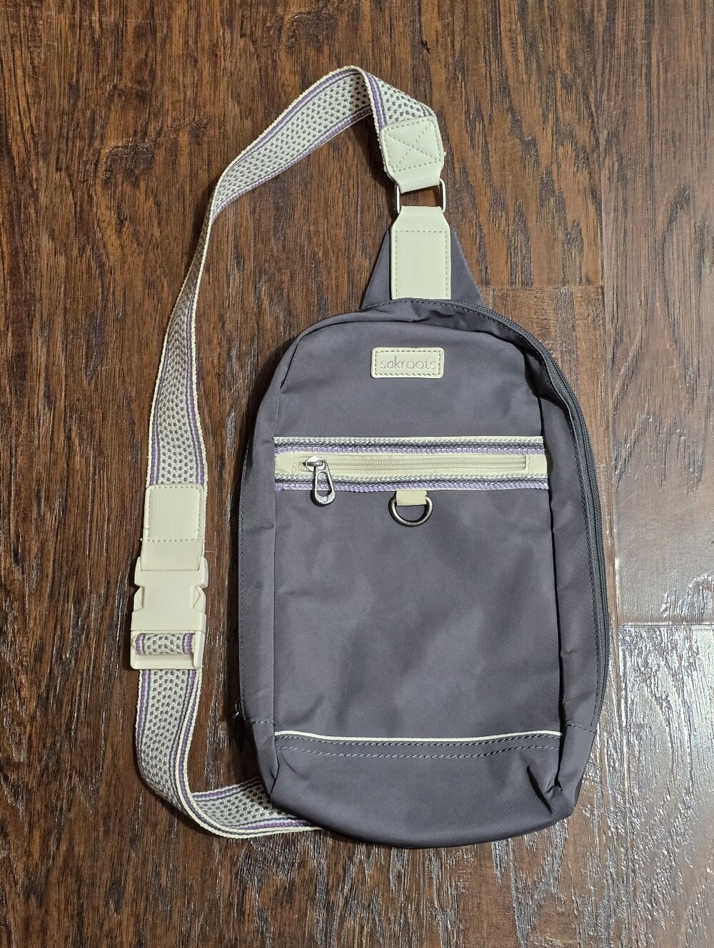 Sakroots Hicker Sling Backpack Crossbody Bag Grey Floral Adjustable Zip Pockets